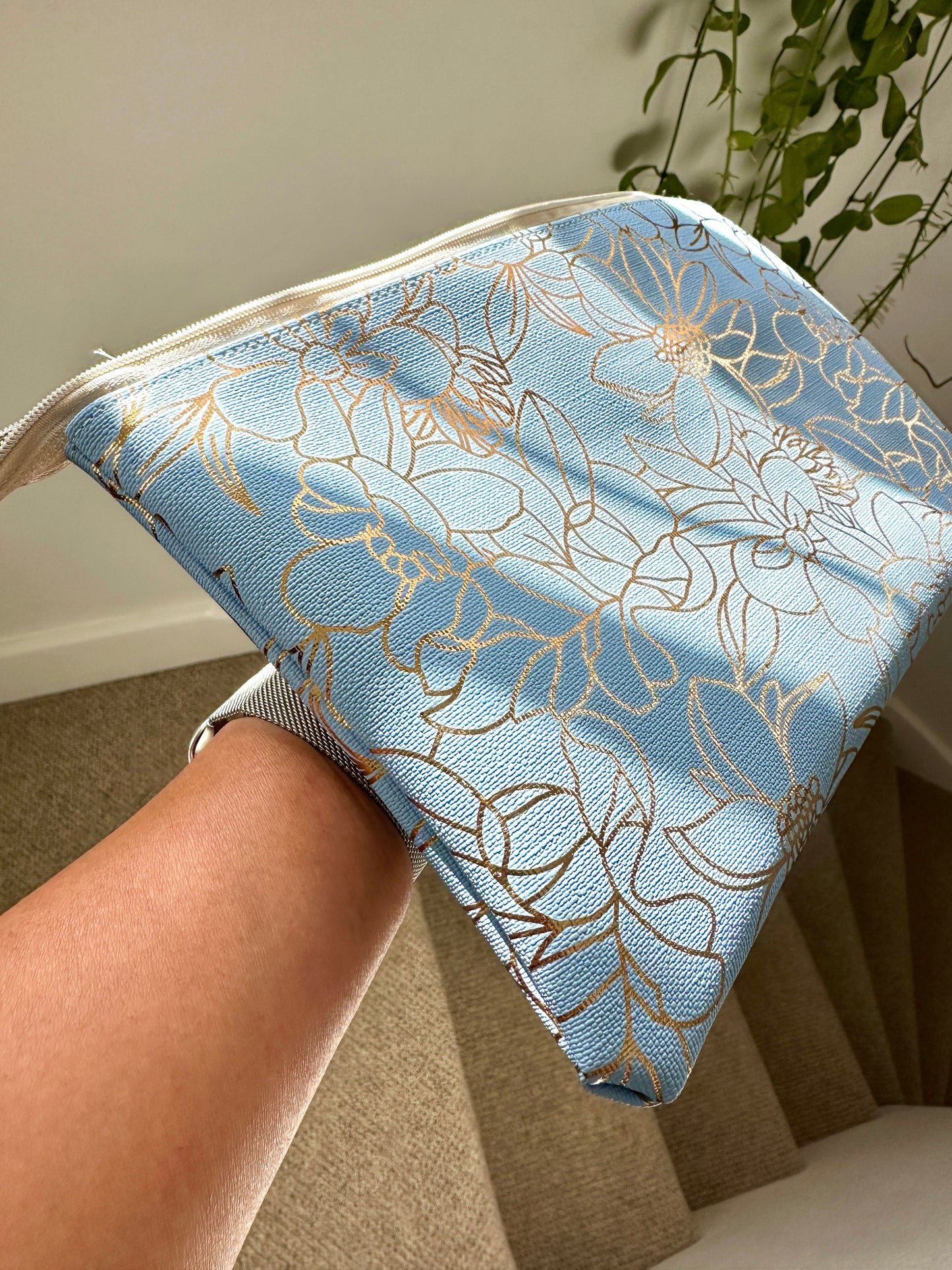 Gold foil floral PU - Sky Blue roll. 30cm x 135cm