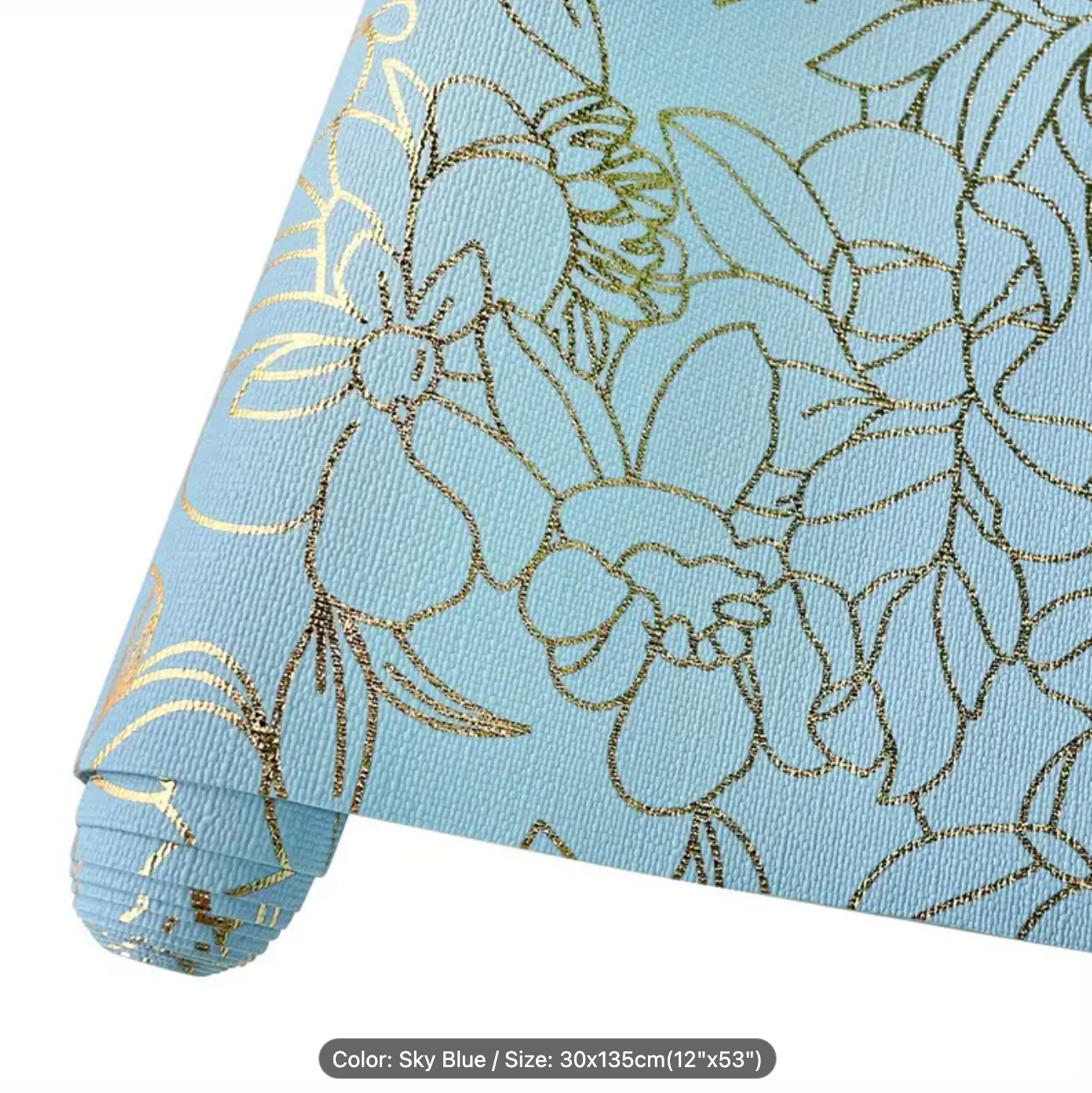 Gold foil floral PU - Sky Blue roll. 30cm x 135cm