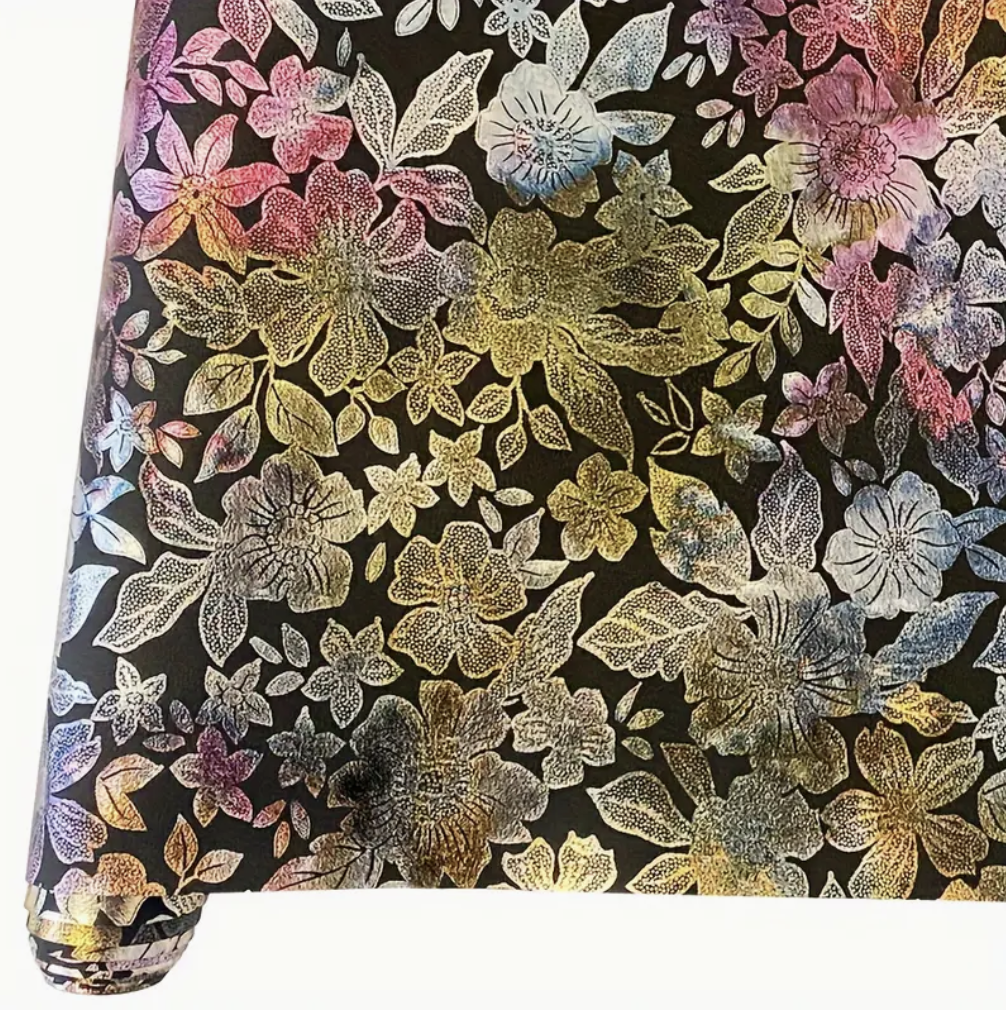 Metallic Flora Print PU Roll - BLACK 46cm x 135cm