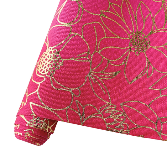 Gold foil floral PU - FUCHSIA roll.  30cm x 135cm