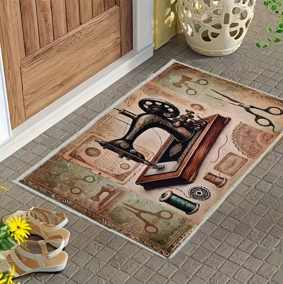 Vintage Sewing Machine and Scissors Washable Non-Slip Floor Mat / Rug 60 x 40cm