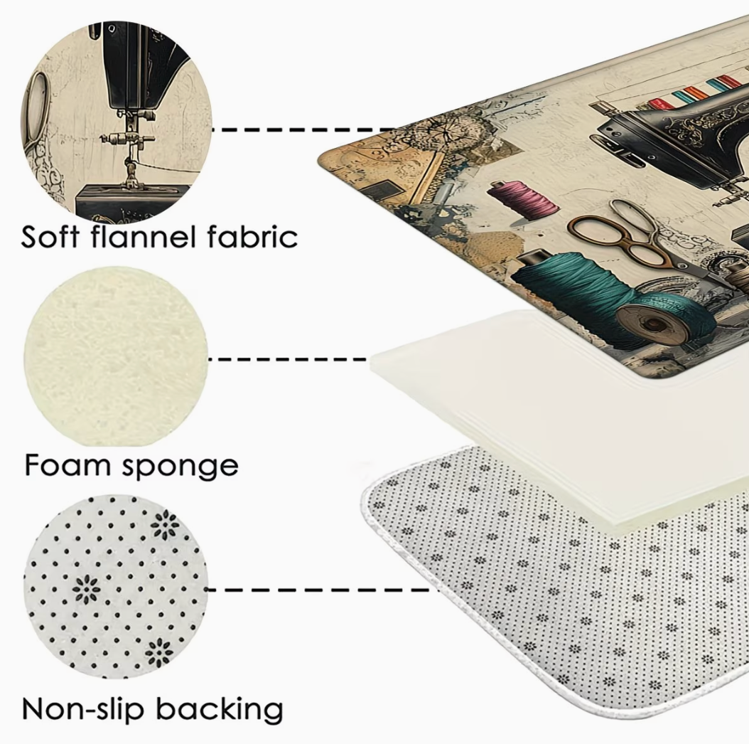 Vintage Sewing Machine and Thread Reels Washable Non-Slip Floor Mat / Rug 60 x 40cm