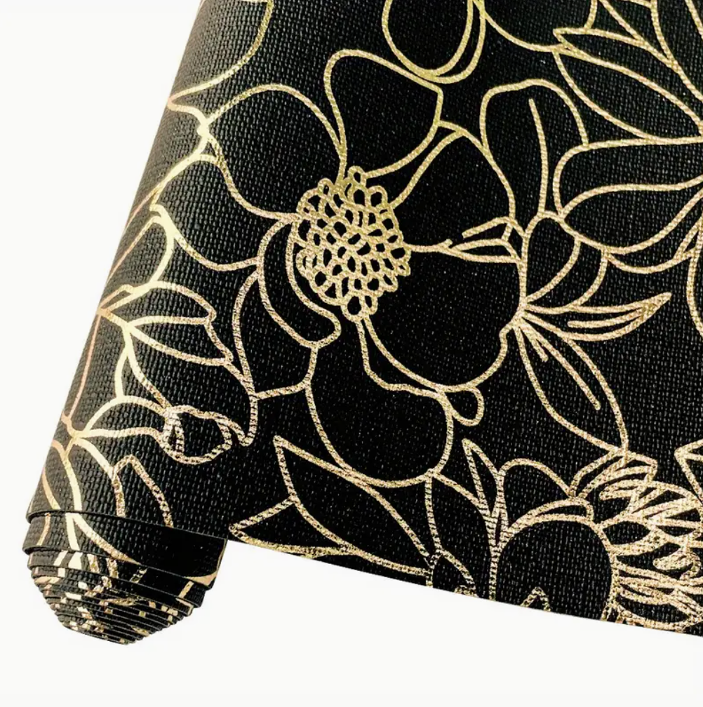 Gold foil floral PU roll- BLACK. 30cm x 135cm