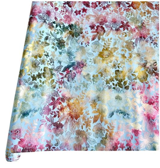 Metallic Flora Print PU Roll - WEDGEWOOD BLUE  46cm x 135cm