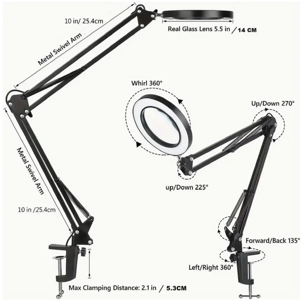 10 x Magnification LED Dimmable Task Lamp - 3 Light Modes