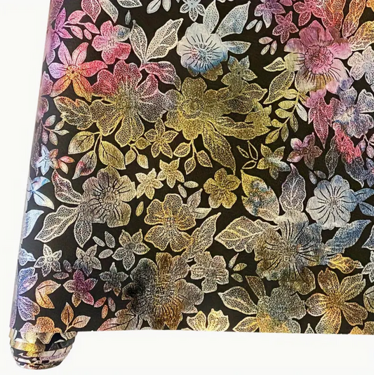 Metallic Flora Print PU Roll - BLACK  40cm x 135cm