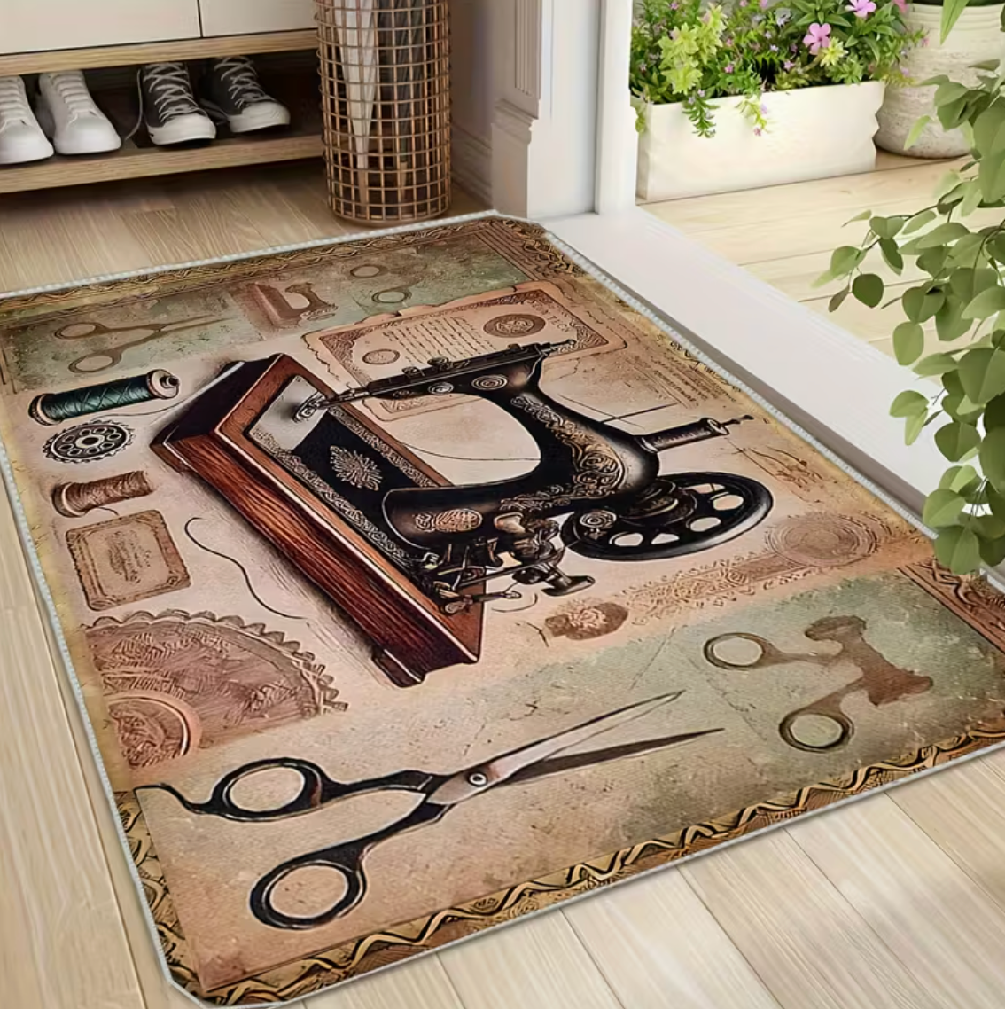 Vintage Sewing Machine and Scissors Washable Non-Slip Floor Mat / Rug 60 x 40cm
