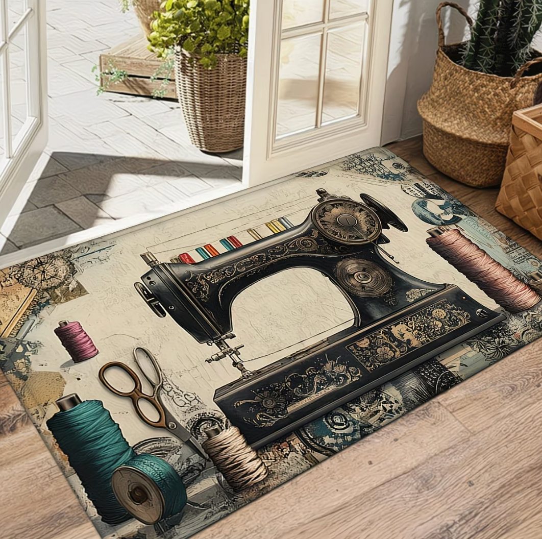 Vintage Sewing Machine and Thread Reels Washable Non-Slip Floor Mat / Rug 60 x 40cm