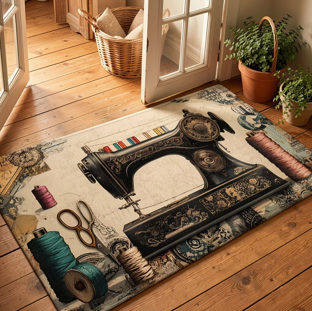 Vintage Sewing Machine and Thread Reels Washable Non-Slip Floor Mat / Rug 60 x 40cm