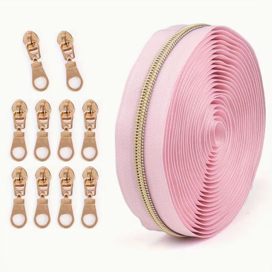 4.5m Size 5 Zip Light Gold Teeth with 10pcs Zip Pulls - Powder Pink
