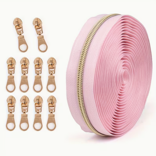 4.5m Size 5 Zip Light Gold Teeth with 10pcs Zip Pulls - Powder Pink