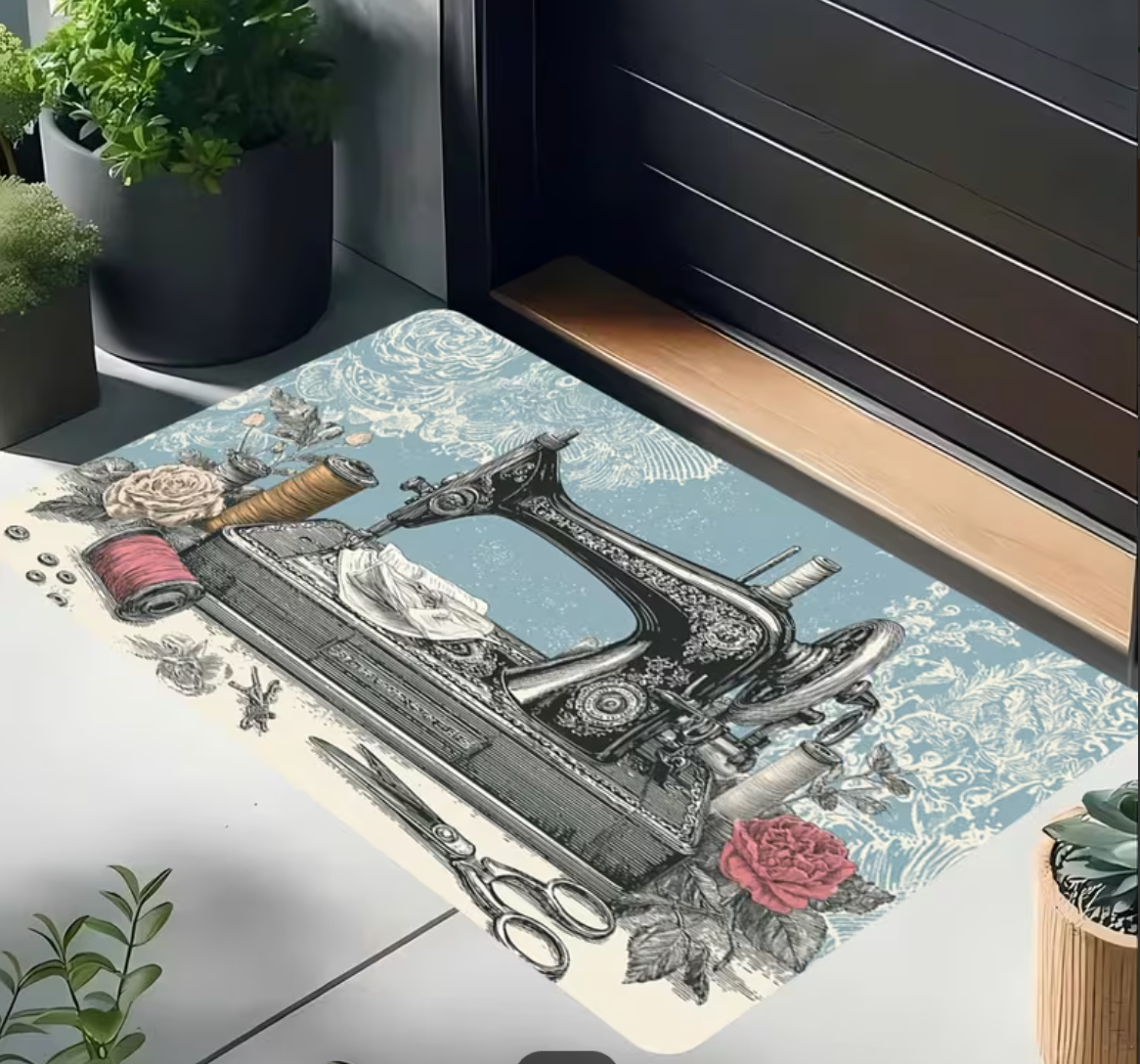 Soft Blue Vintage Sewing Machine Washable Non-Slip Floor Mat / Rug 60 x 40cm