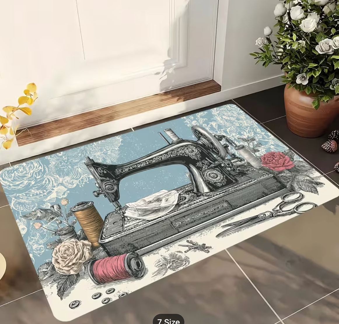 Soft Blue Vintage Sewing Machine Washable Non-Slip Floor Mat / Rug 60 x 40cm