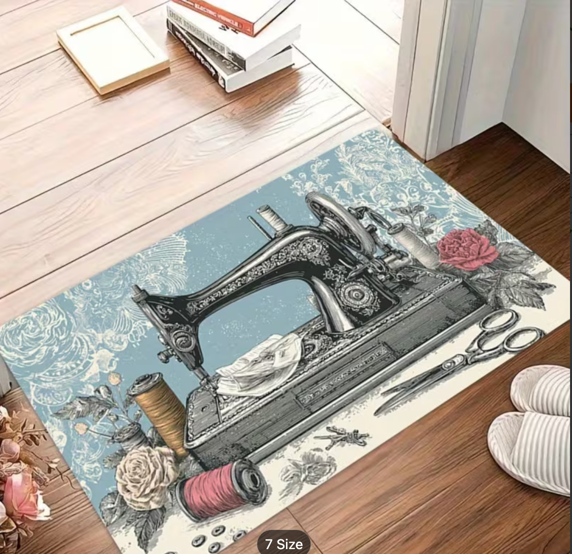 Soft Blue Vintage Sewing Machine Washable Non-Slip Floor Mat / Rug 60 x 40cm