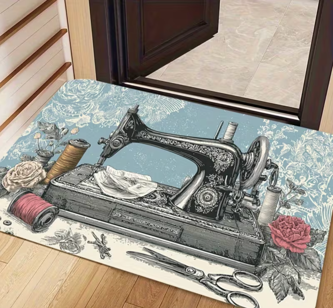Soft Blue Vintage Sewing Machine Washable Non-Slip Floor Mat / Rug 60 x 40cm