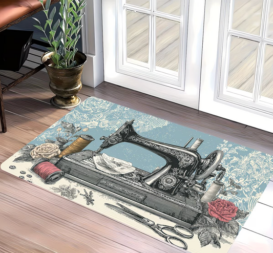 Soft Blue Vintage Sewing Machine Washable Non-Slip Floor Mat / Rug 60 x 40cm
