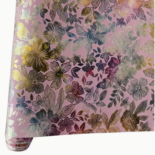 Metallic Flora Print PU Roll - PINKY LILAC  46cm x 135cm