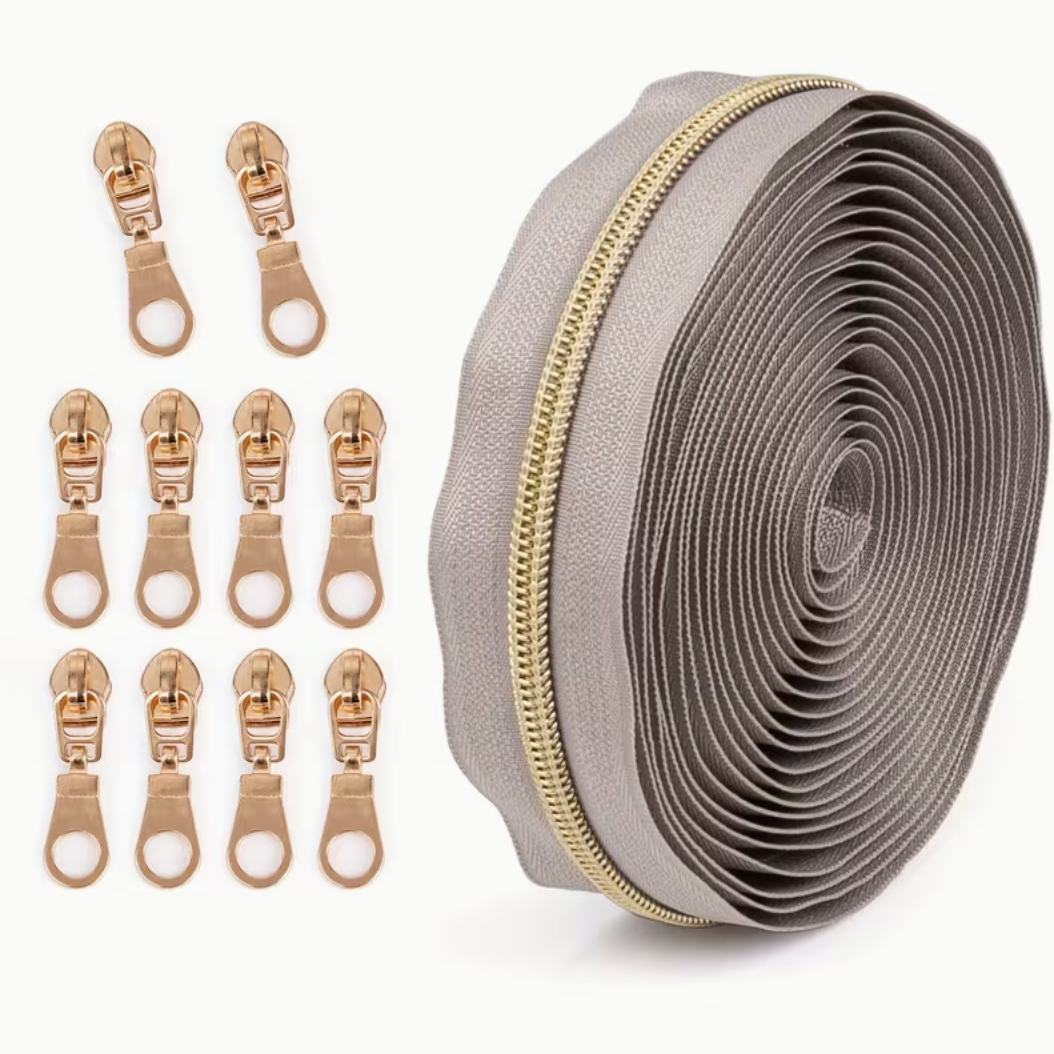 4.5m Size 5 Zip Light Gold Teeth with 10pcs Zip Pulls - Warm Grey