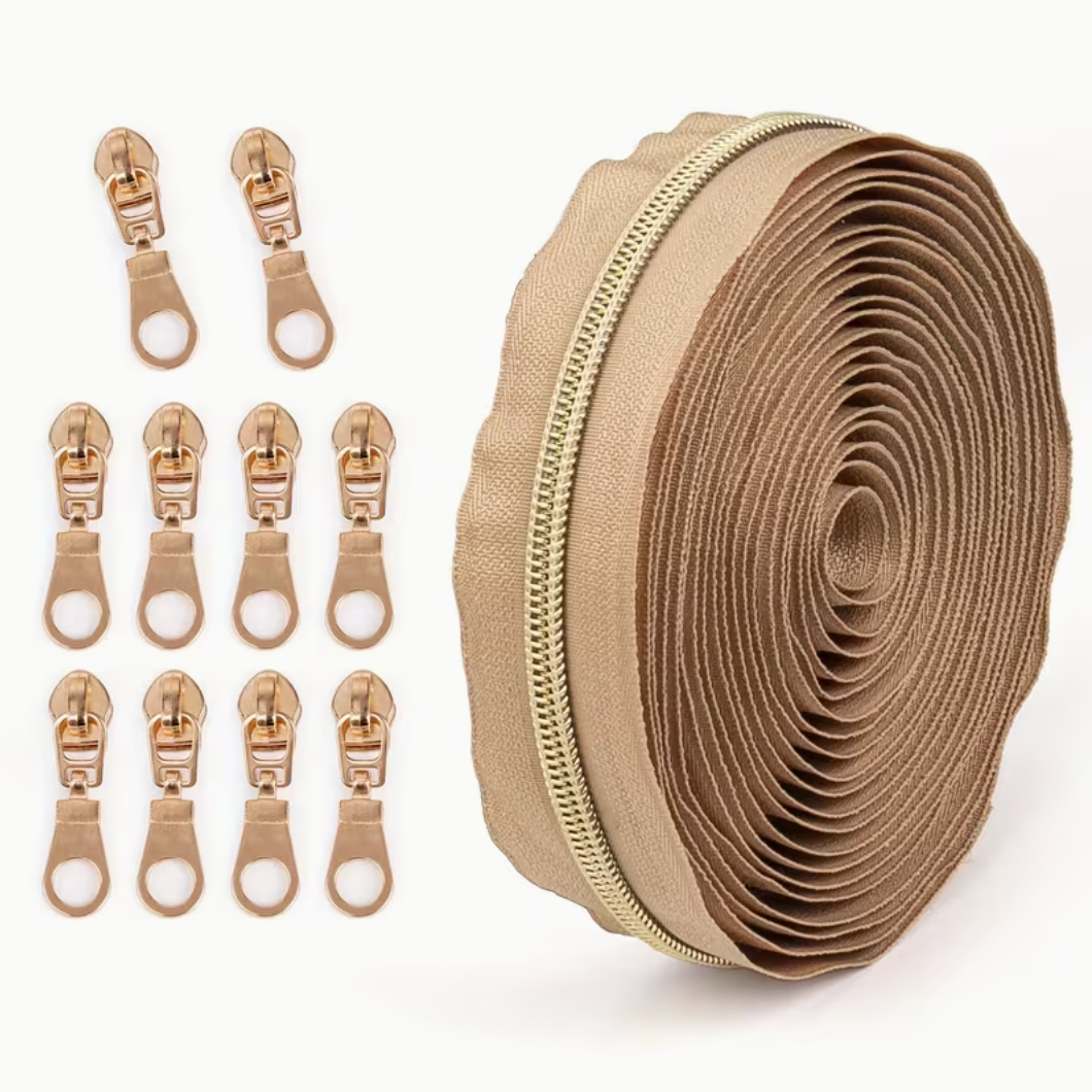 4.5m Size 5 Zip Light Gold Teeth with 10pcs Zip Pulls - Caramel