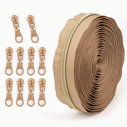 4.5m Size 5 Zip Light Gold Teeth with 10pcs Zip Pulls - Caramel