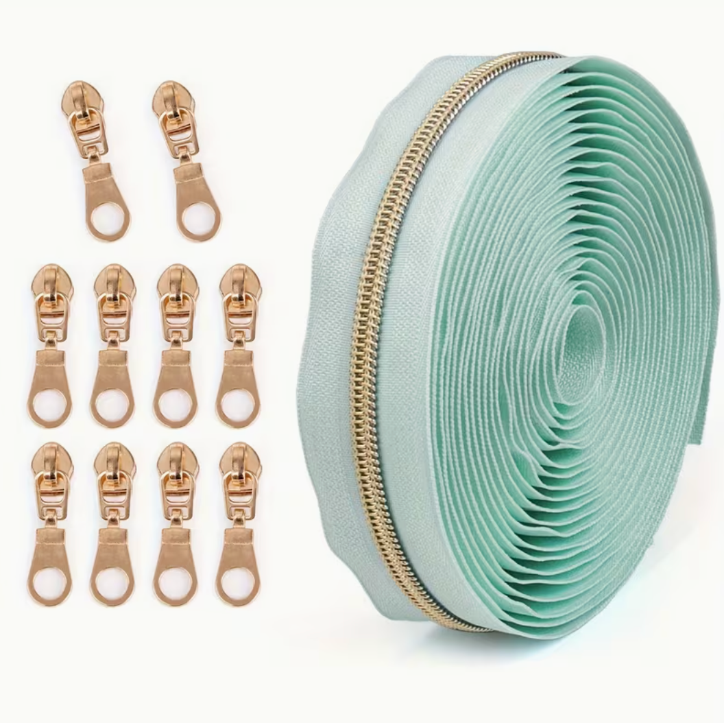 4.5m Size 5 Zip Light Gold Teeth with 10pcs Zip Pulls - Aqua