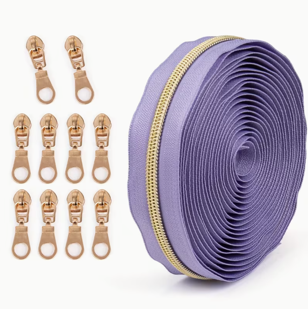 4.5m Size 5 Zip Light Gold Teeth with 10pcs Zip Pulls - Lavender