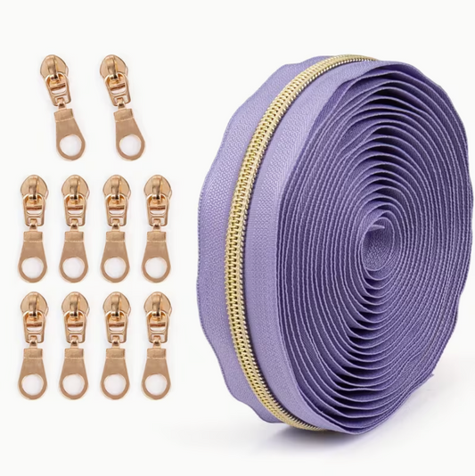 4.5m Size 5 Zip Light Gold Teeth with 10pcs Zip Pulls - Lavender