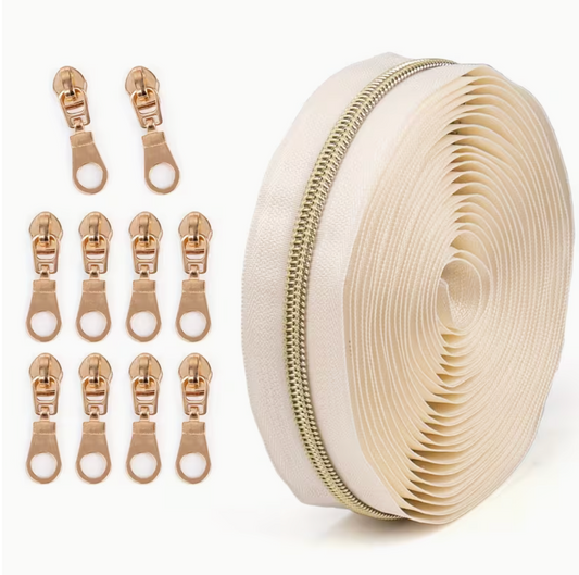 4.5m Size 5 Zip Light Gold Teeth with 10pcs Zip Pulls - Vanilla